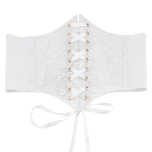 MAYJOYDIY White Vintage Lace-up Elastic 4.72~7.87inch Wide Corset Waist Belt for Women Transparent Lace Crochet Petal Ribbon Tied Waspie Belt for Party Club Prom Dress Shirts Clothing Waistband - Main Image