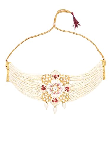 Gargantilla Meenakari oro DMZ-2047 con cuentas de perlas Kundan 4