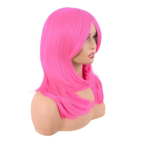 Image of MapofBeauty 20 Inch /50 cm Long Layered With Bangs Straight Synthetic fiber Shoulder Length Hair Party Wig (Neon Pink)