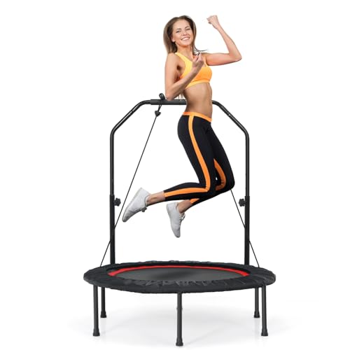 COSTWAY 40" Mini Trampoline, Foldable Fitness Bouncer with 4-Level Adjustable Foam Handle & 2 Resistance Bands, Indoor Outdoor Exercise Rebounder Workout for Kids & Adults