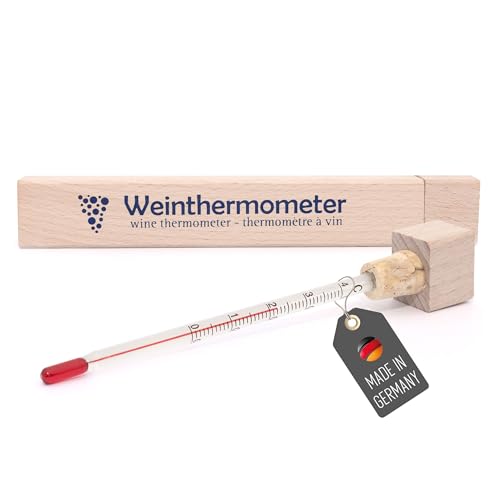Lantelme Termómetro de vino de cristal en caja de madera, 17 cm, indicador de temperatura de 0 a 40 °C, analógico, para vino espumoso y champán