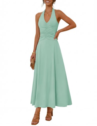 MEROKEETY Womens Formal Halter Maxi Dress 2026 Summer Backless Sleeveless V Neck Ruched Cocktail Wedding Guest Dresses, Sage, M