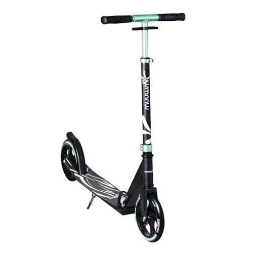 muuwmi Aluminium Scooter Plus - Tretroller, 205 mm, ABEC 7, GS-geprüft, höhenverstellbar, XL-Deck, Mint-schwarz