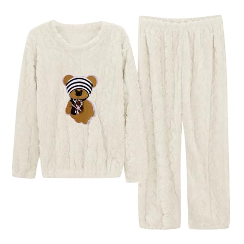 Pyjama Femme Hiver Polaire à Motif Ours Mignon Ensembles de Pyjama Femme Pilou Pilou Ensemble 2 Pieces Haut Pull Jacquard + Bas Loungewear Doux Vêtements de...