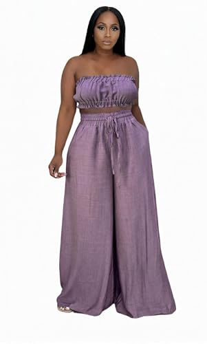Image of Two Piece Sets for Women Summer Outfits Crop Tops and Wide Leg Pants Sets Sexy Jumpsuits Vacation Outfits with Pockets