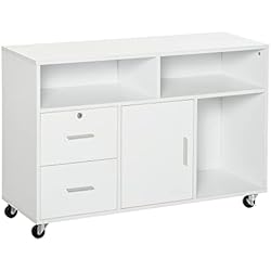 Cajoneras Con Llave Baratas HOMCOM Mueble Auxiliar de Oficina Mueble Archivador con Ruedas Estantes y Cajones Armario Multiusos con Gran Almacenaje 100x35x65 cm Blanco