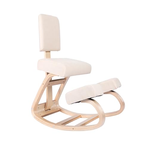 Sleekform East Austin Ergonomic Kneeling Chair with Back Support - Winter Linen and Wood Ergo Stool for Desk - Best Ergonomic Kneeling Office Chair for Posture and Leg Circulation