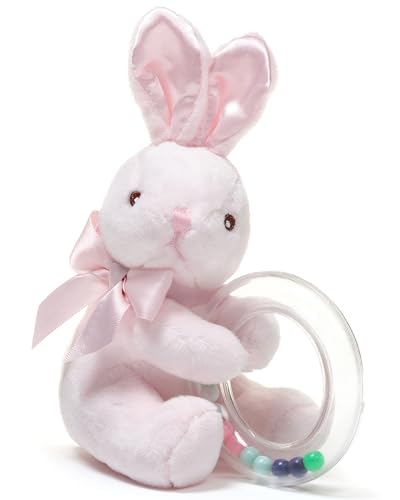 Image of Bearington Baby Cottontail Plush Stuffed Animal Pink Bunny Shaker Toy Ring Rattle, 5.5"