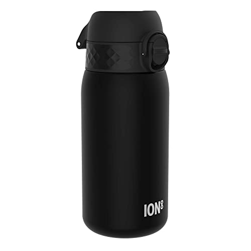Ion8 Kids Water Bottle, 350 ml/12 oz, Leak Proof, Easy to Open, Secure Lock, Dishwasher Safe, BPA Free, Carry Handle, Hygienic Flip Cover, Easy Clean, Odour Free, Carbon Neutral, Black