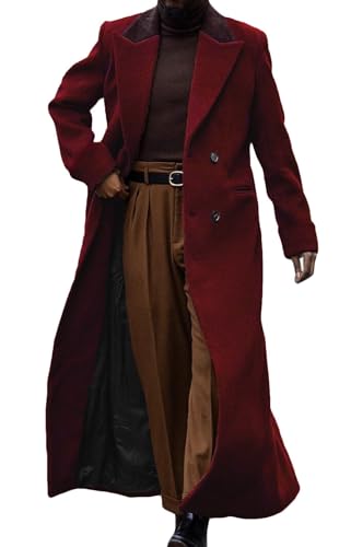 Image of Man's Double Breasted Full Length Trench Coat Casual Corduroy Collar Long Jacket Peacoat Wool Blend Winter
