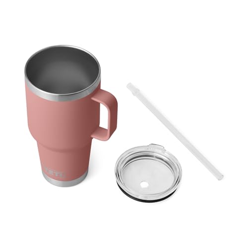 Image of YETI Rambler 35 oz Tumbler with Handle and Straw Lid, Travel Mug Water Tumbler, Vacuum Insulated Cup with Handle, Stainless Steel, Sandstone Pink