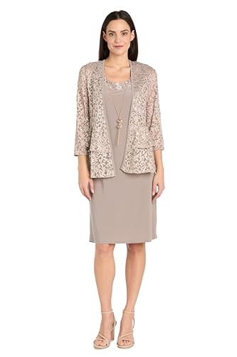 Image of R&M Richards Women's Elegant Sheath Ensemble W /Tiered Glitter Lace Jacket - Formal Evening Wear, Wedding Guest