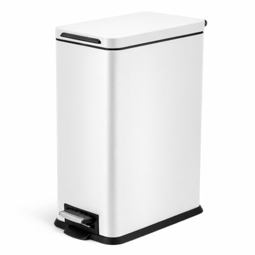 Image of Home Zone Living 4 Gallon Slim Kitchen Trash Can with Soft Close Lid and Step Pedal, Matte White Stainless Steel Wastebasket with Removable Bucket