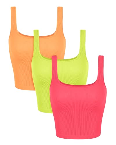 Image of ODODOS 3-Pack Seamless Square Neck Crop Tank for Women Ribbed Knit Soft Low Back Cropped Tops