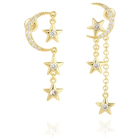 MESOVOR Moon Star Dangle Earrings, 16K Gold Plated Drop Tassel | Sparkling Zirconia Asymmetrical Earrings for Women Girls (Gold) Cover