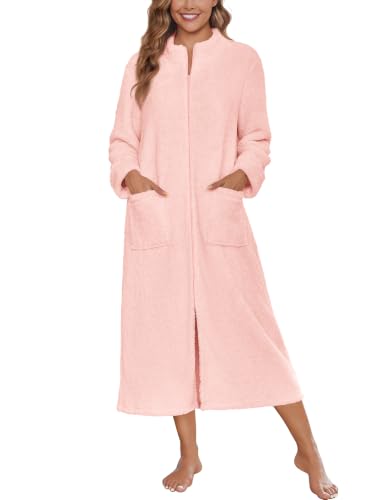 Image of Ekouaer Women Zip Up Robe Fleece Long Sleeves Soft Housecoat with Pockets