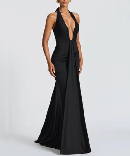 Women's Sexy Deep V-Neck Maxi Dress Sleeveless Halter Ruched Bodycon Formal Cocktail Party Evening Dresses2