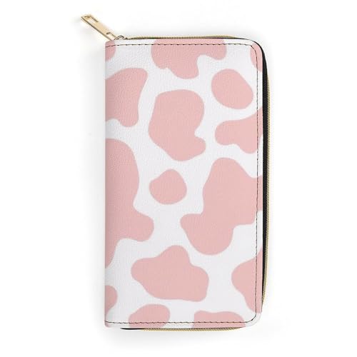 Women's Travel Zipper Purse Fashion Design, Huge Storage Capacity Purse, Cute Decor Wallet, Long PU Wallet Cute Strawberry Pink Cow Print