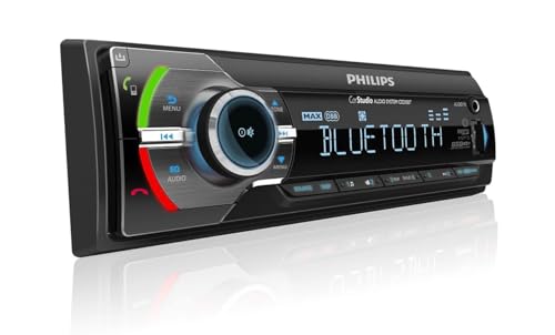 Philips Car Stereo Bluetooth Audio Receiver, Sleek Single Din Car Stereo with AM/FM Radio, USB, AUX-in and Built-in Microphone for Hands-Free Calling and Music Streaming, Powerful Sound