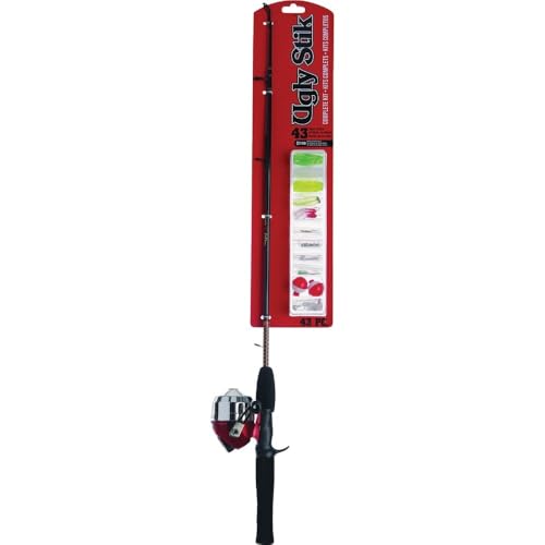 Ugly Stik 5’ Complete Spincast Kit Fishing Rod and Reel Casting Combo, Ugly Tech Construction with Clear Tip Design, 5’ 2-Piece Rod, Red