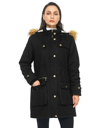 WenVen Women's Winter Windproof Padded Thermal Parka Jacket (Black, M)