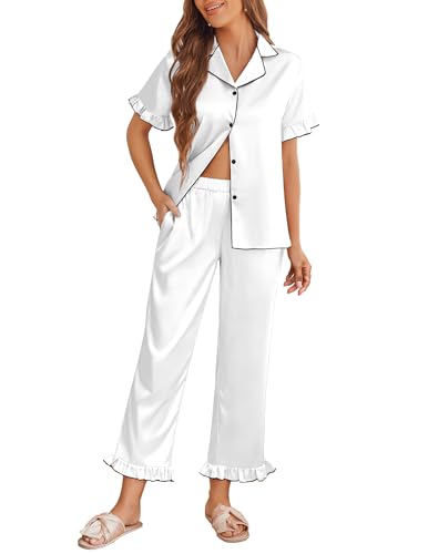 Ekouaer Silk Pajamas for Women Satin Short Sleeve Pajamas Set with Ruffle 2 Pieces Button Down Tops and Pants White