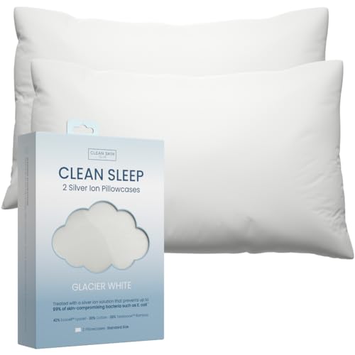Clean Sleep Silver Ion Pillowcases, Hypoallergenic Pillowcases for Blemish-Prone & Sensitive Skin, Silver Ion Infused Plant-Based Fabric, Standard Size, 2 Pillow Covers, Glacier White