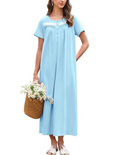 Ekouaer Nachthemden Damen Baumwolle Lang Kurzarm Nachtwäsche Nachtkleid mit Knopf Taschen Weich Schlafshirt Blau M