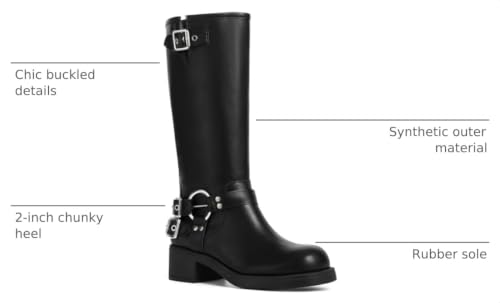 Image of AMINUGAL Knee High Boots Women Square Toe Pull On Wide Calf Riding Fashion Buckles Chunky Metallic Casual Vintage Buckle Rivet