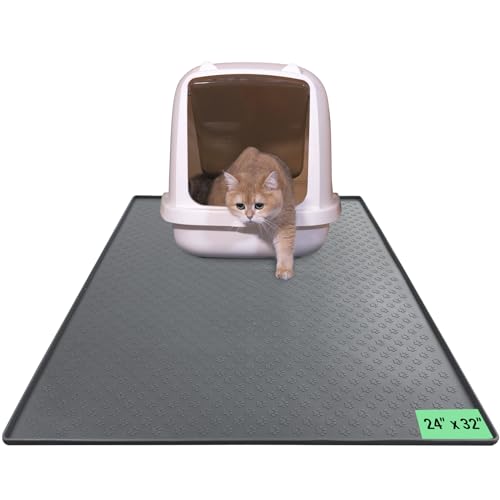 PETORITY Cat Litter Mat, Large 24''x32'' Food-Grade Silicone Litter Box Mat for Litter Trapping, Waterproof, Non-slip, Easy to Clean(Grey)