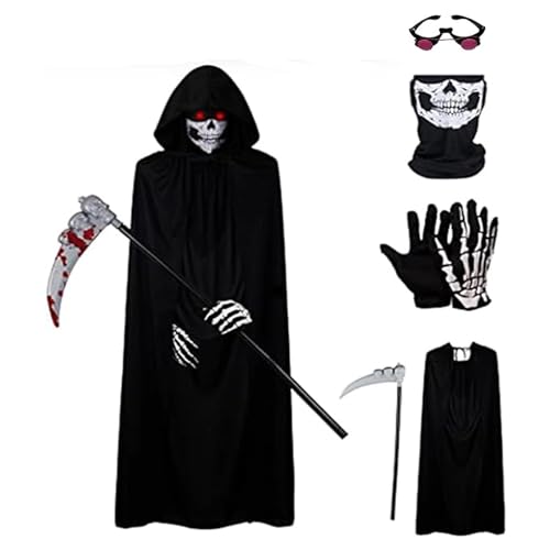 LoKori Halloween Faucheuse, Set Costume de la Faucheur Cape à Capuche, Faux de la Mort Noire, Faucille Horreur avec Masque Tete de Mort, pour Adulte Halloween Carnaval Cosplay (Adult)
