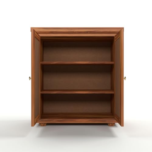 Image of Solid Sheesham Wood Sideboard Cabinet for Living Room | Wooden Storage Cabinet with 2 Cane Doors & Shelf | Modern Rattan Design Sideboard for Home (Honey Finish)