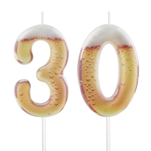 FUNCANDLE Beer Themed Number 30 Birthday Candle Golden Beer Bubble Design Cake Topper for 30th Birthday Party Anniversary Beer Lover Celebration Decorations