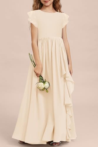MITILLY Girls Lace Flower Maxi Dress Ruffle Sleeve A-Line Flowy Junior Bridesmaid Chiffon Dresses for Wedding Party 10 Years Cream - Thumbnail 2
