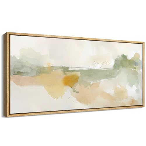 MUDECOR Extra Large Framed Canvas Print Wall Art Serene Watercolor Landscape in Green and Yellow Tones Antique Retro Fine Art Illustrations Decorative Colorful for Bedroom - 60