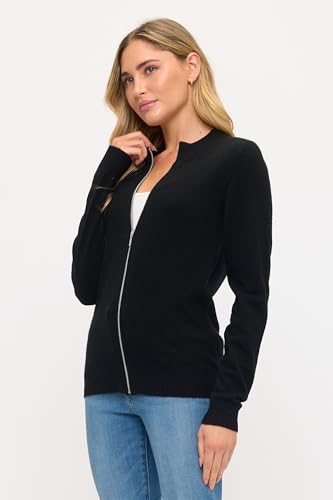 Image of Women's 100% Cashmere Soft Long Sleeve Crew Neck Open Zip Cardigan
