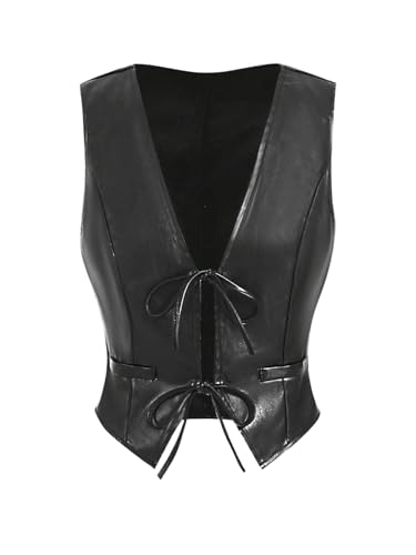 MakeMeChic Women's PU Leather Vest Tops V Neck Tie Front Sleeveless Y2K Waistcoat Club Party Top