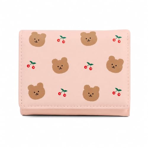 Image of INOVERA (LABEL) Small Tri-Fold Wallet for Women, Girls - Faux Leather Cash, Coin, Card Holder Wallets - Cute Bear and Cherry Print Mini Hand Purse (Pink)