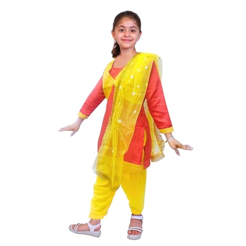 Image of Kaku Fancy Dresses Punjabi Girl Ethnic Costume for Kids - Red & Yellow Salwar Suit Dress with Dupatta | Indian State Fancy Dress for Girls (14-17 Years)
