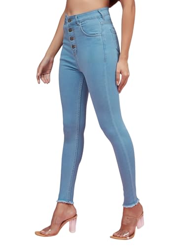 Image of Miss Chase Women's Skinny High Rise Cropped Fringed Hemline Detailing Stretchable Denim Jeans