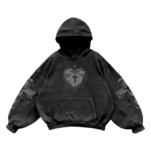 Sudadera con capucha para hombre de gran tamaño, con capucha, estampado vintage, sudadera con capucha, estilo gótico, estilo harajuku, O negro2, M