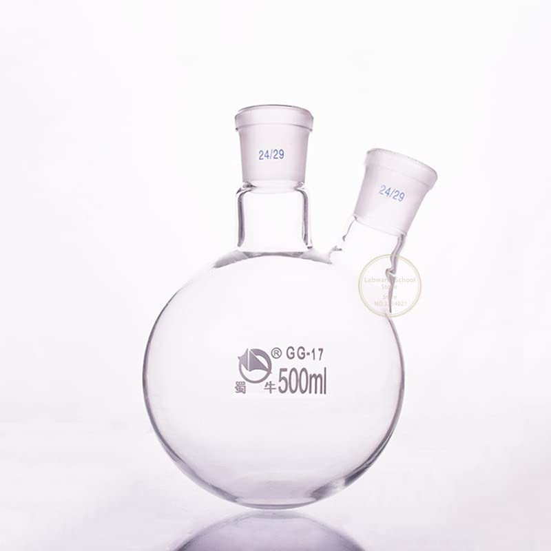 Frasco de vidrio para laboratorio, Matraz de destilación de vidrio de laboratorio de fondo redondo de doble cuello, inclinado/recto, de 50 ml a 2000 ml, 1 unidad(500ml 24x24)