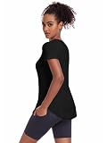 Deaviya Sport T-Shirt Damskie, Krótki Rękaw Kobiety, Luźna, Treningowa Bluzka Z Okrągłym Dekoltem Atletycka, Casual, Do Biegania, Jogi, Fitness, T-Shirty Z Bocznym Rozcięciem Tee, Czysty czarny, 3XL
