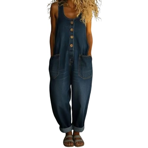Women's Vintage Denim Jean Overalls Regular-Fit Stretch Straight Leg Roll-Up Baggy Bib Dungarees Washed Cotton Button Front Sleeveless Jeans Coveralls with Pockets for Women UK