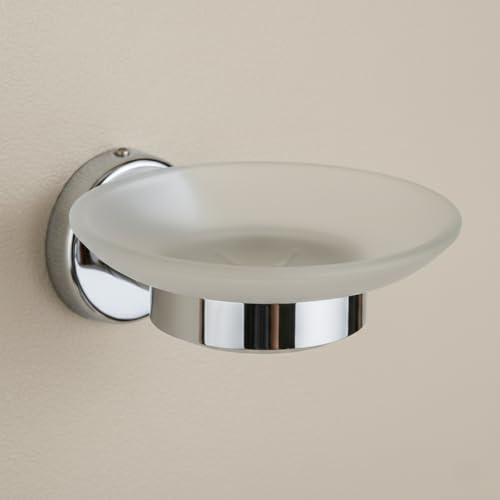 Image of Premium Frosted Glass Soap Dish for Bathroom and Kitchen | Round Countertop Soap Holder Case with Raised Interior Ridges for Shower Sink & Vanity Counter, Matte White Finish (Round 29)