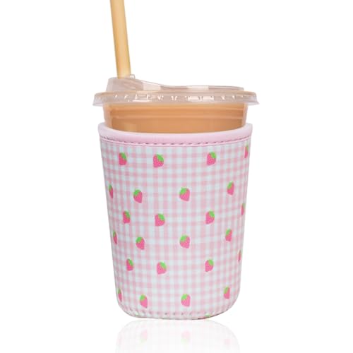 Image of Reusable Insulated Sleeve for Iced Coffee Cup, Coffee Neoprene Sleeve for Cold & Hot Drinks, Beverage Holder for Iced Coffee (Strawberry Grid, Small: 16-18oz)