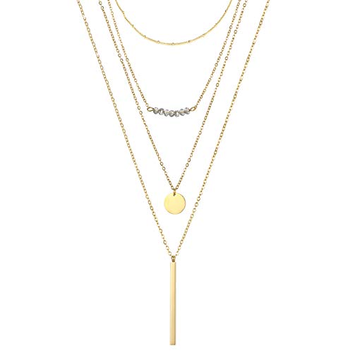 LAMOON Gold Layered Necklaces for Women 14K Gold Pendant Y Pendant Necklace Bar Coin Disc Circle Pearl Choker Necklaces Dainty Minimalist Fashion Simple Stainless-Steel Chain Layering Necklaces