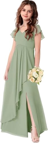 Chiffon V-Neck Prom Dress with Ruffles Junior Bridesmaid Dresses for Teen Girls Wedding & Party