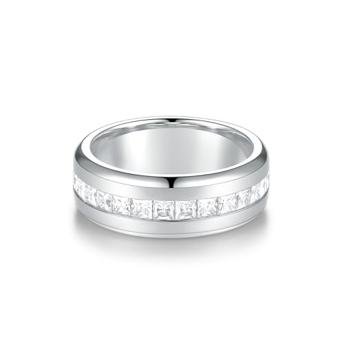 4.35cttw Moissanite Wedding Band Eternity Rings Princess Cut Men Moissanite Ring D Color VVS1 Moissanite Channel Set, Sterling Silver with 18K White Gold Plated Promise Ring for Him