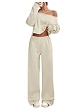 SOLY HUX Women's 2 Piece Outfits Fall Sweatsuits Off The Shoulder Crop Top Wide Leg Sweatpants Casual Matching Lounge Sets Pure Apricot Medium